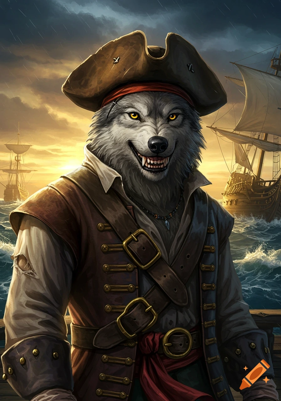 An illustration of a grinning wolf dressed as a pirate with glowing yellow eyes, wearing a tricorne hat and a vest, on a ship deck at sea under a stormy sunset.