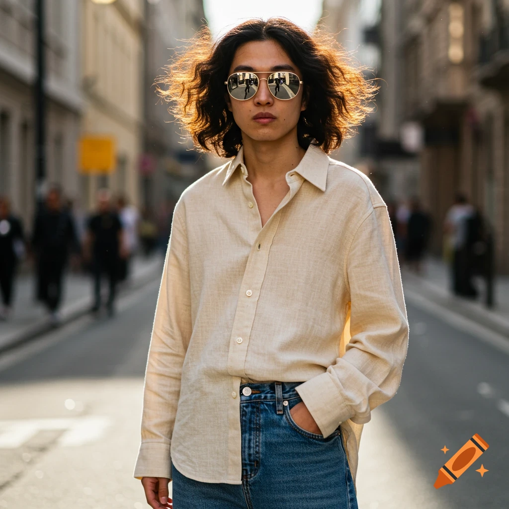A person with long curly hair and sunglasses stands on a city street, wearing an oversized cream linen shirt and baggy jeans.