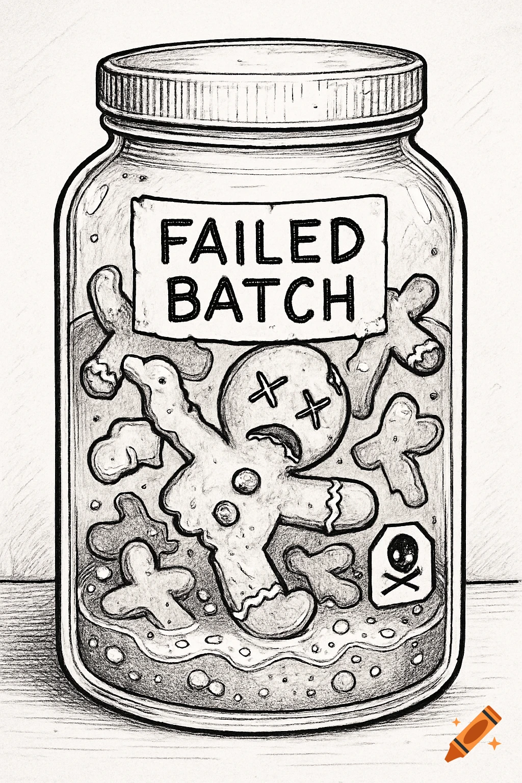 A black-and-white line art illustration of a jar labeled 'FAILED BATCH' filled with deformed gingerbread cookies and a skull symbol.