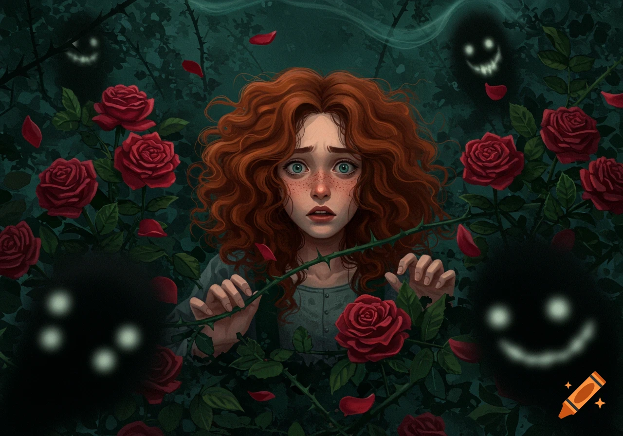 A scared, red-haired girl with freckles among thorny red roses, surrounded by shadowy, smiling ghost-like figures.