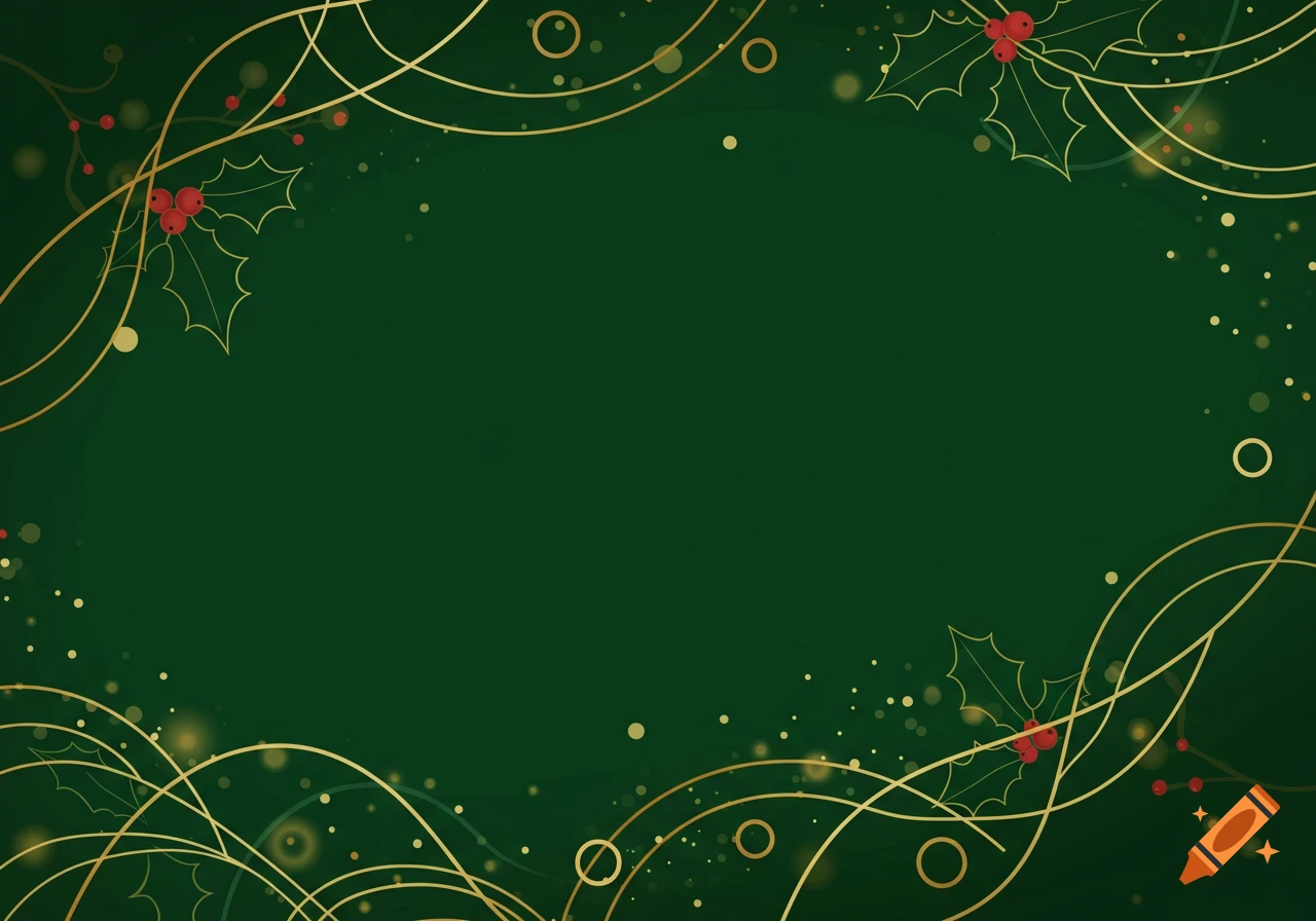 A festive Christmas background with golden swirling lines, holly berries, and sparkling dots on a dark green gradient.