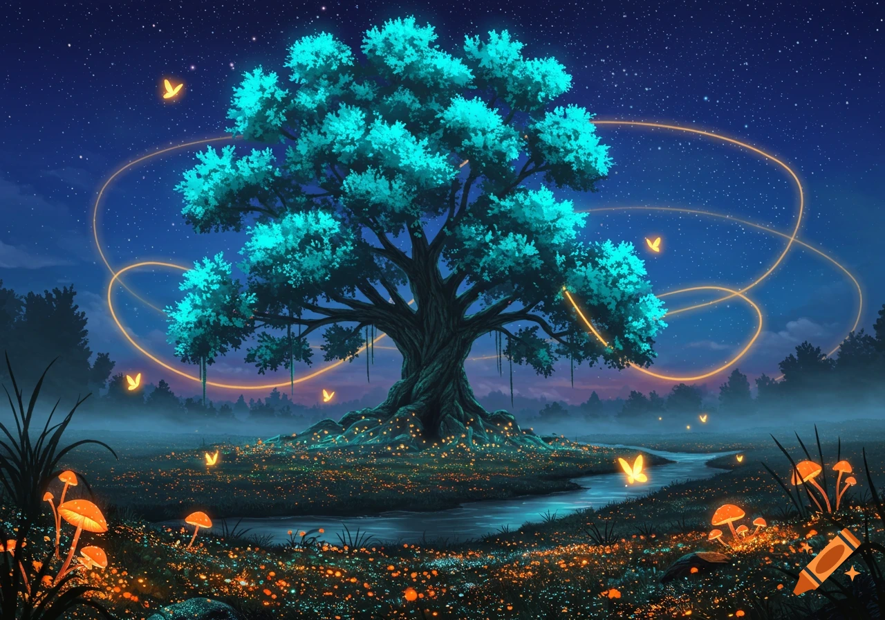 A vibrant fantasy night scene with a large glowing teal tree, orange glowing mushrooms, a winding stream, and golden butterflies under a starry sky.