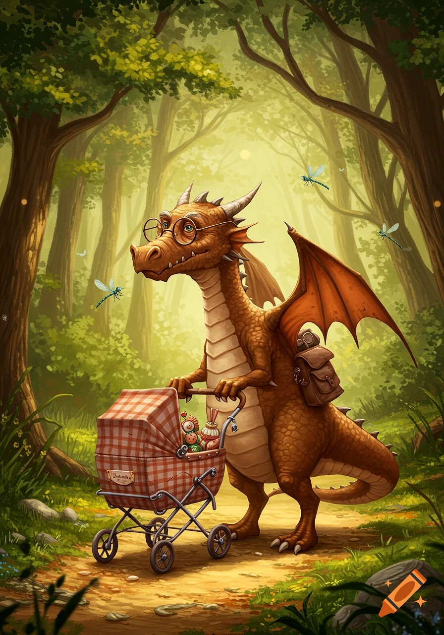 A friendly brown dragon wearing glasses pushes a checkered stroller with toys through a vibrant green forest, with dragonflies in the air.