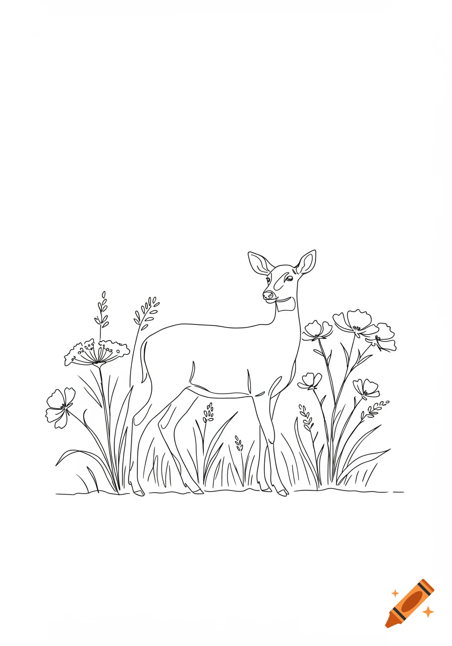 A minimalist fine line drawing of a deer standing among various flowers and plants.