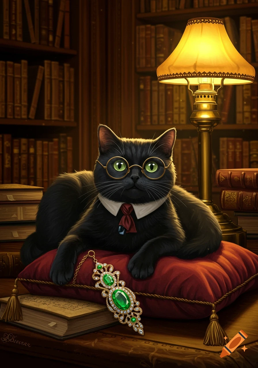 A sophisticated black cat with green eyes and spectacles wears a red tie, lounging on a red pillow next to a jeweled bookmark in a library with books and a lamp.