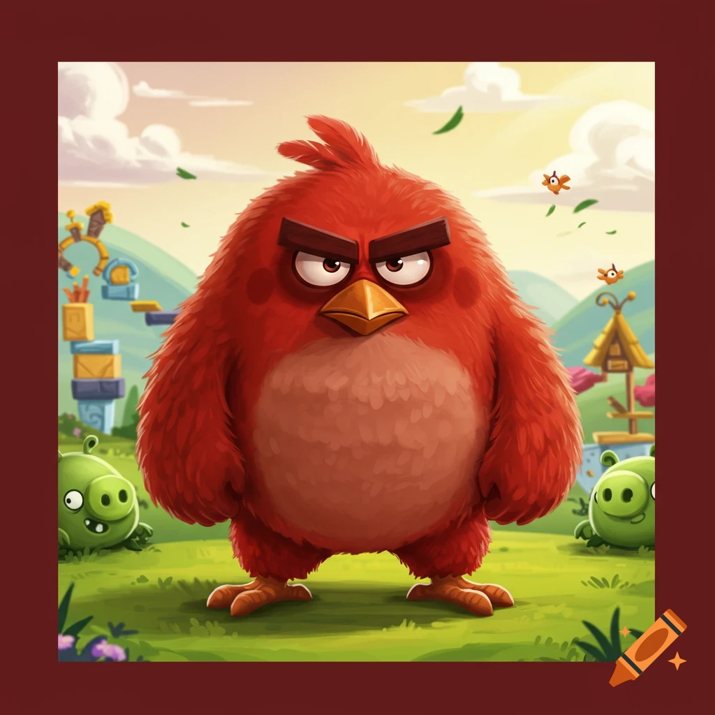 A large, fluffy red bird with an angry expression stands on a grassy hill with two green pigs in the background and block structures.