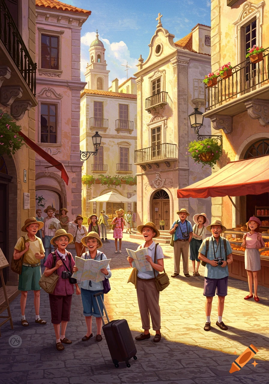 A vibrant illustration of tourists in sun hats exploring a cobblestone street lined with old European buildings and shops.