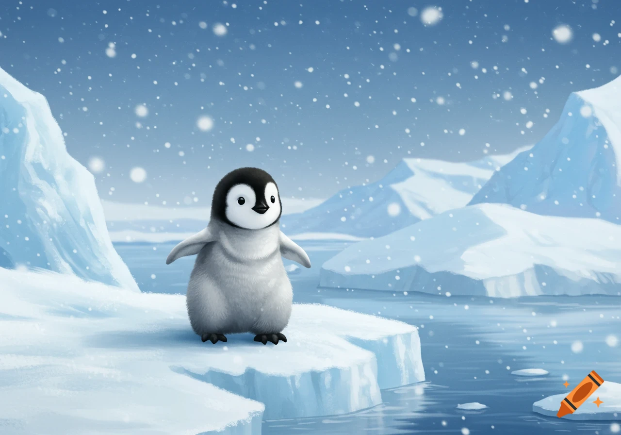 A cute, fluffy baby penguin stands on an ice floe with snow falling, surrounded by icebergs and water, in a cartoon illustration style.