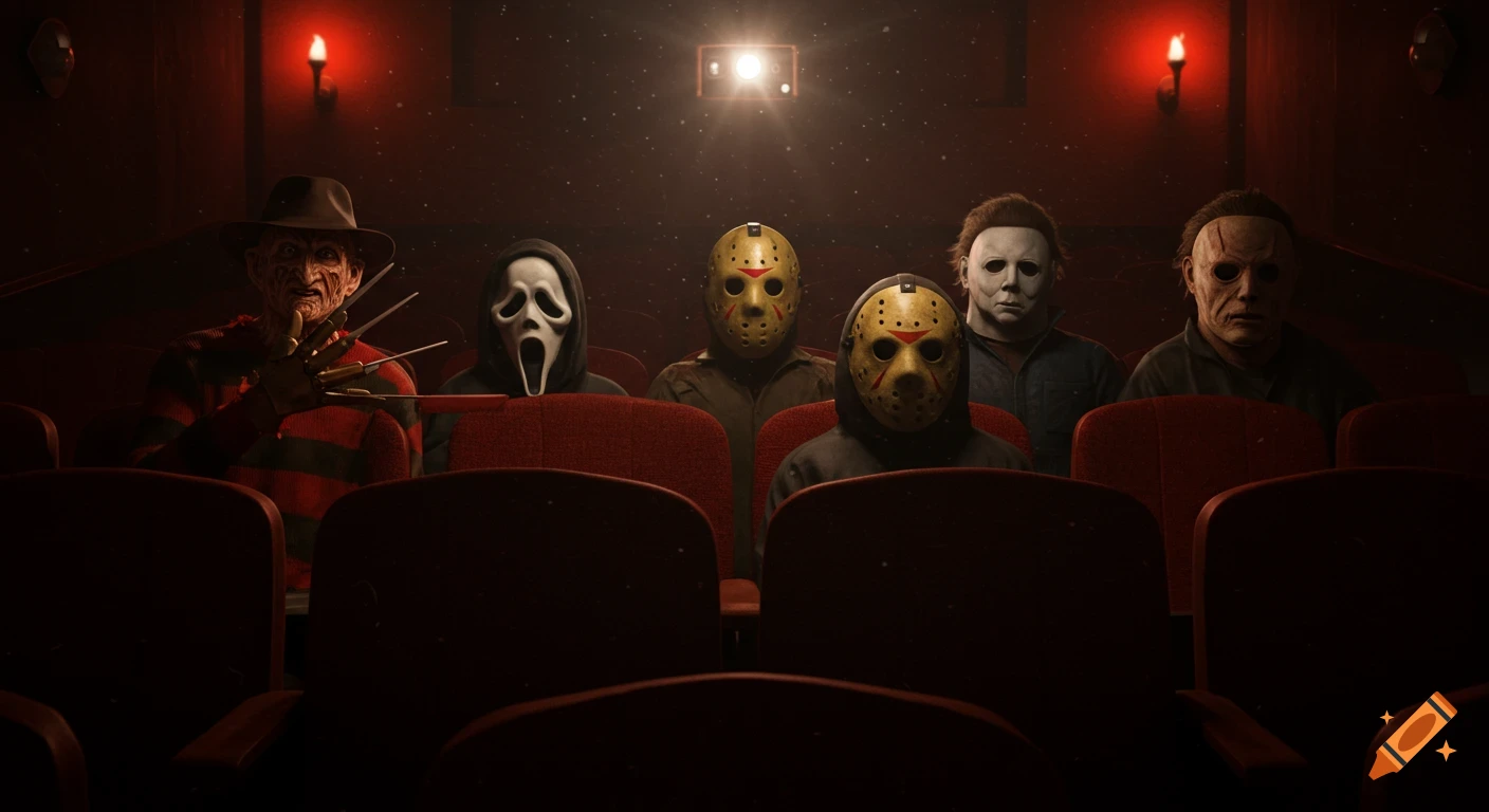 Iconic horror characters Freddy Krueger, Ghostface, Jason, and Michael Myers watch a movie in a dimly lit, old cinema, photorealistic.
