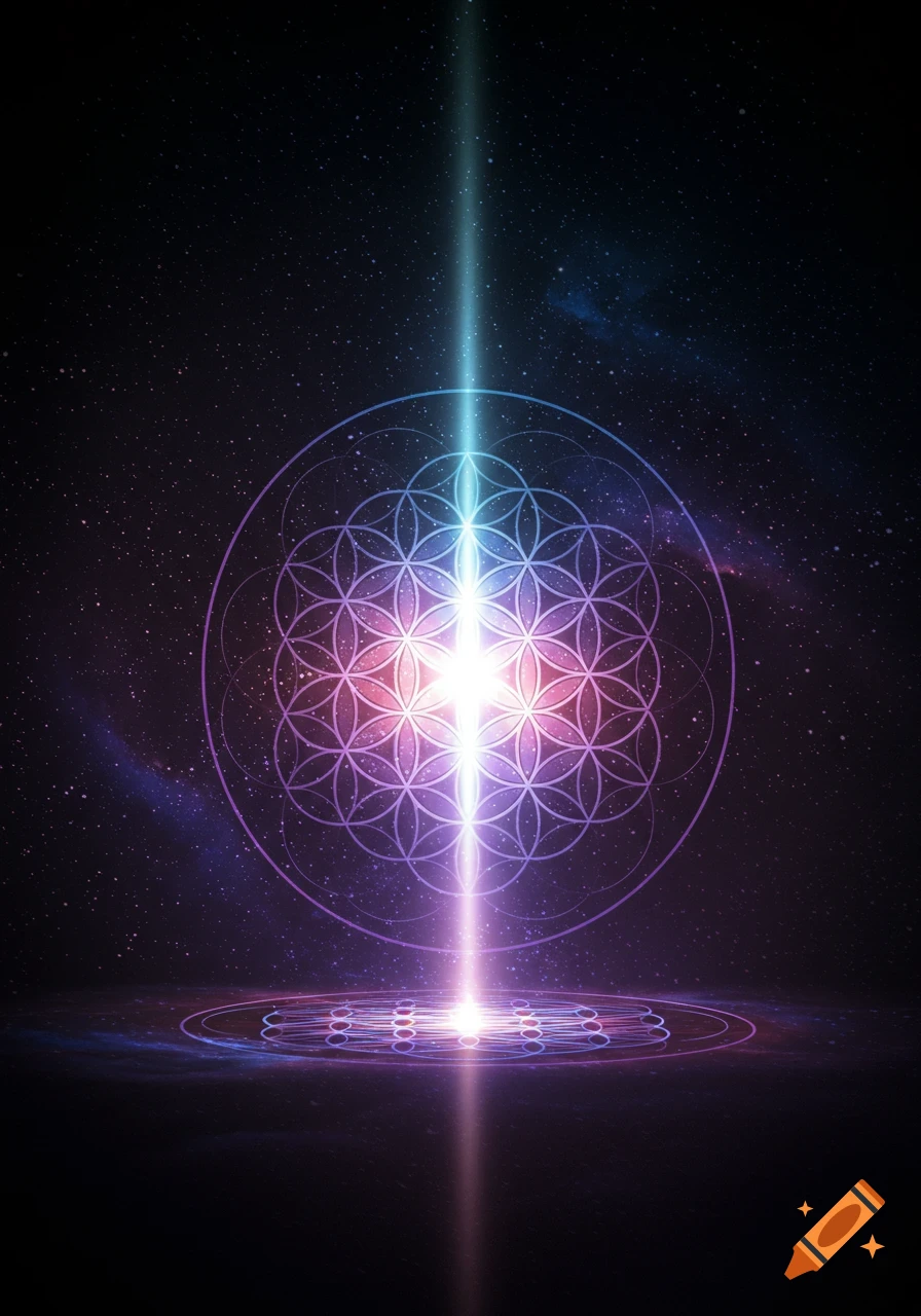 A glowing pink and purple Flower of Life geometric pattern in space with a vibrant light beam.