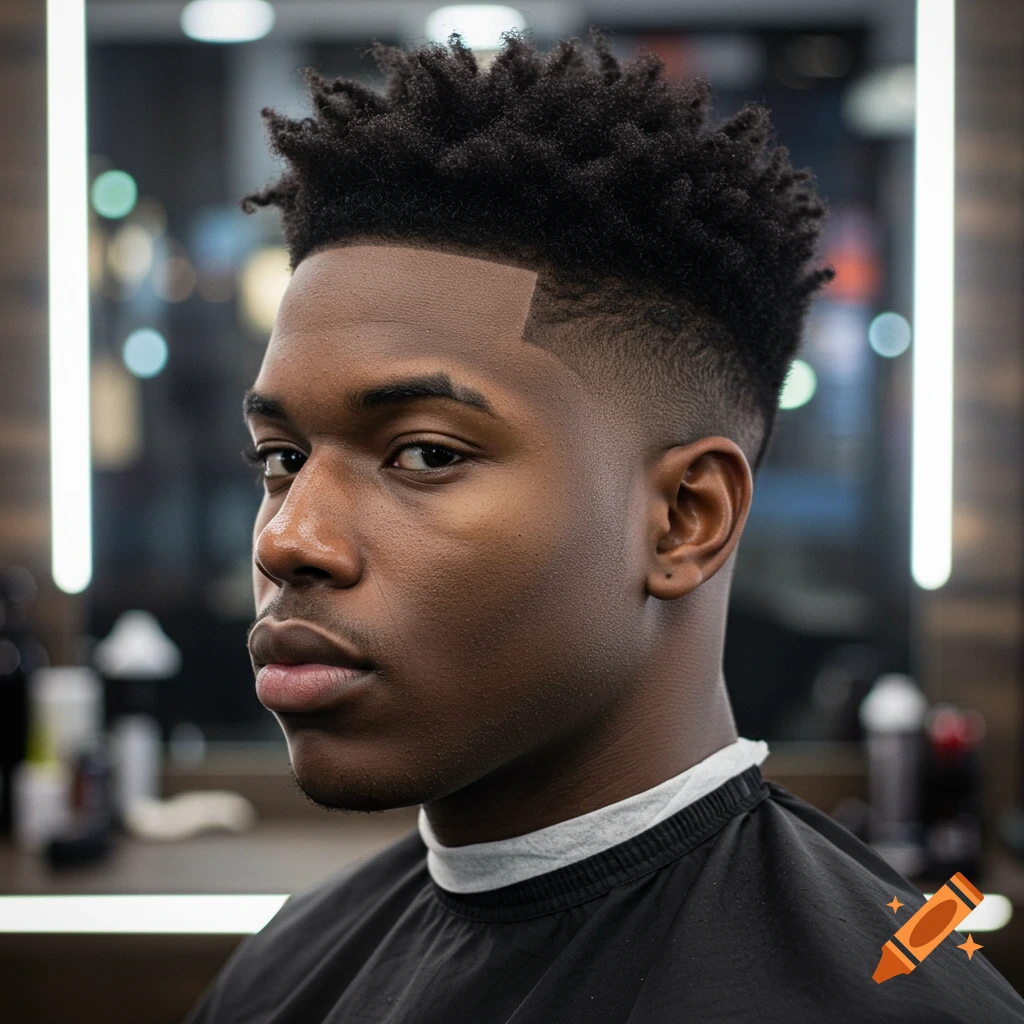 A close-up portrait of a young Black man with a neat low fade haircut looking over his shoulder.