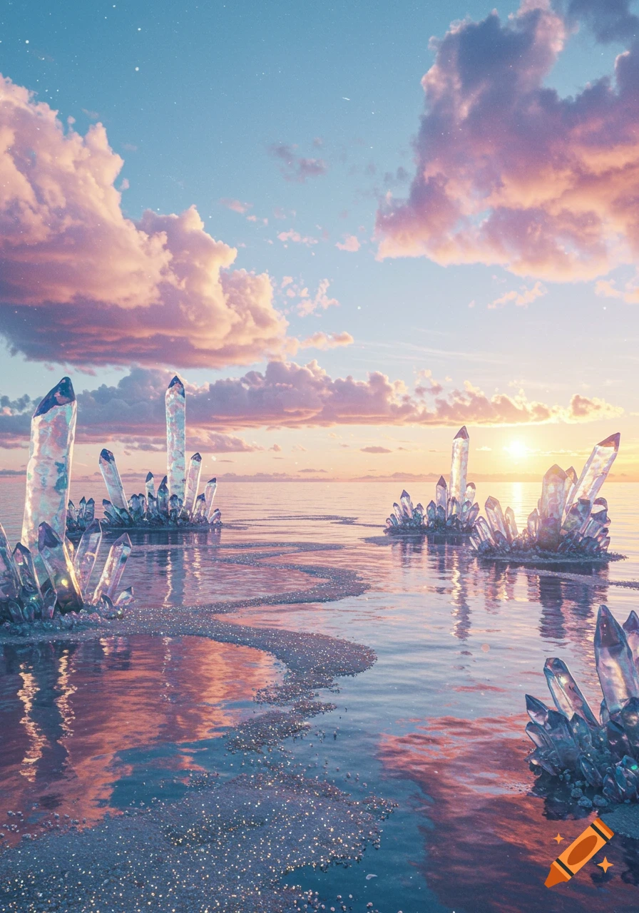 Luminous iridescent crystals rise from calm water under a pastel pink and blue sky with a sparkling path winding through the water at sunset.