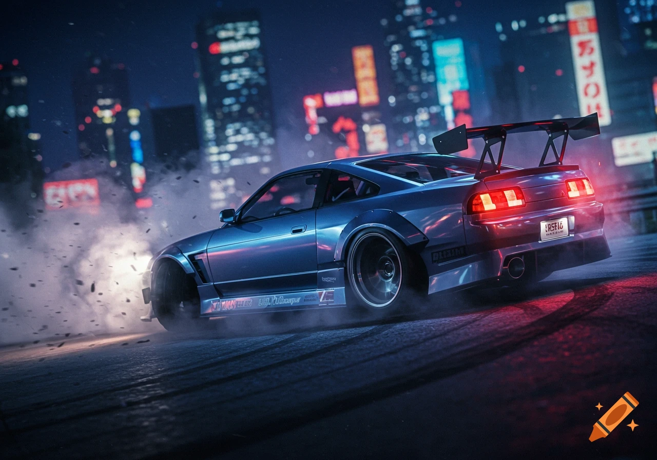 A blue sports car drifts on a wet road at night, creating smoke, with city lights and blurred buildings in the background.