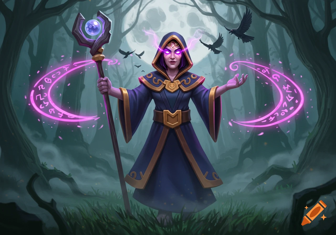 A female wizard in a dark hooded robe casts glowing pink crescent spells in a mystical forest under a full moon, with ravens.