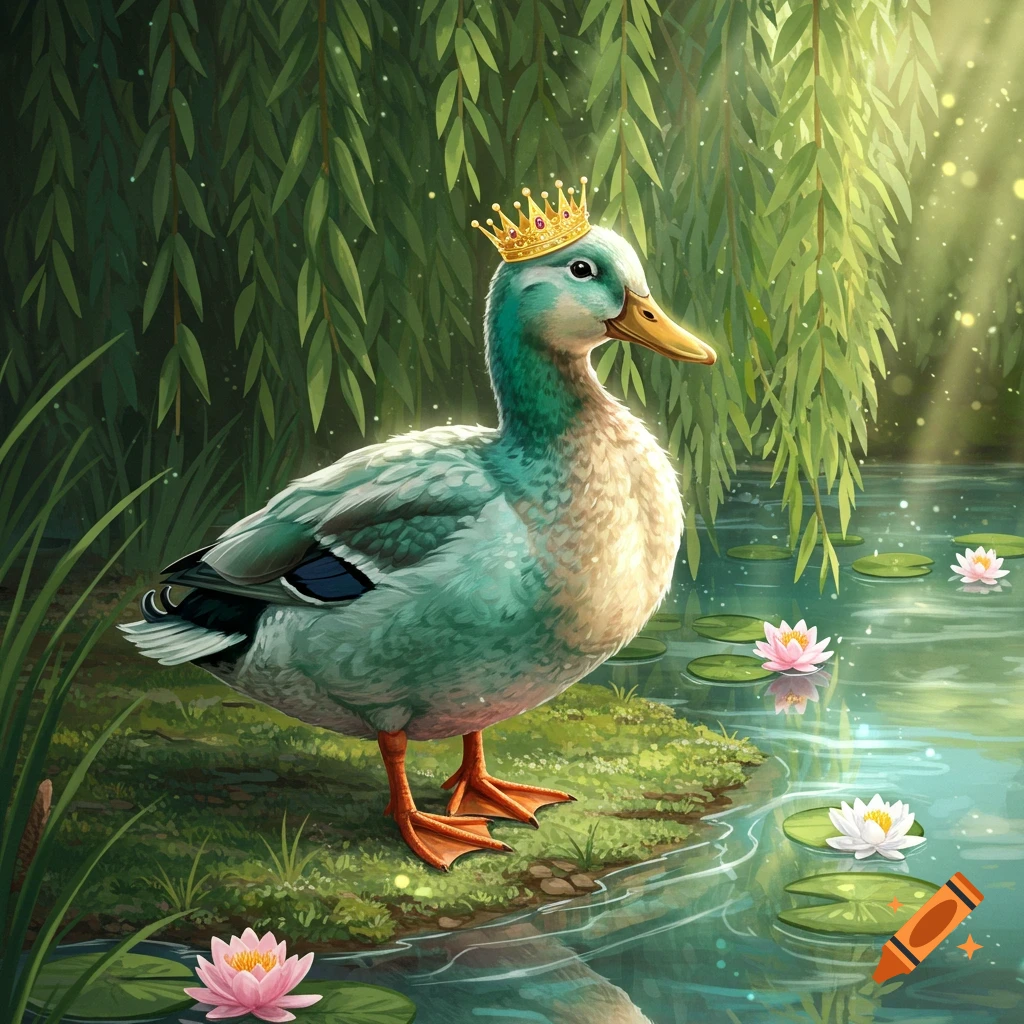 A teal and white duck wearing a gold crown stands by a pond with lily pads under weeping willow branches, in an illustrative style.