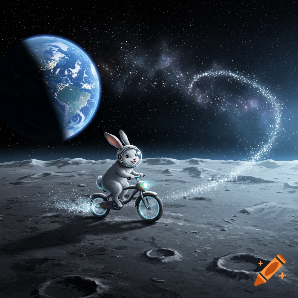 A cute rabbit in a space helmet rides a glowing bicycle on the moon, with Earth and stars in the cosmic background.