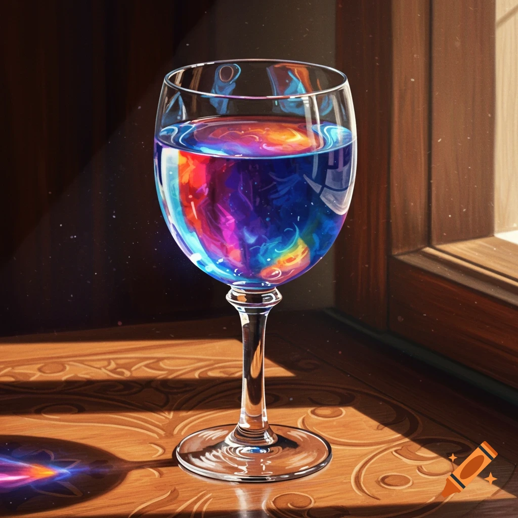 A wine glass filled with vibrant, swirling rainbow-colored liquid sits on a carved wooden table near a window, reflecting light.