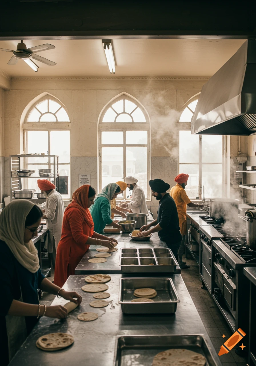 A group of people cooking and preparing food in a busy gurdwara kitchen, with sunlight streaming through arched windows.