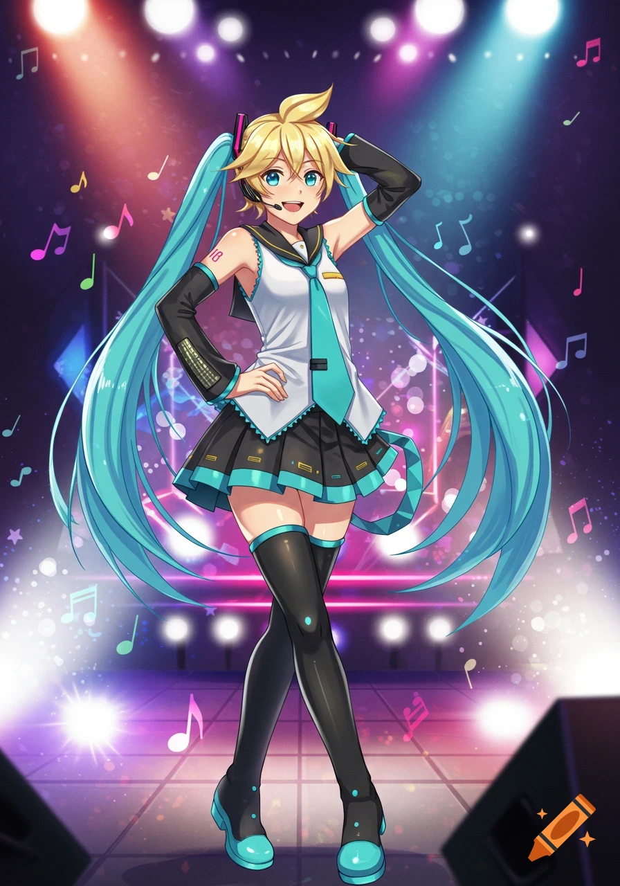 An anime character with blonde hair and long blue pigtails, wearing a white, black, and teal sailor-style outfit with a pleated skirt and thigh-high boots, poses on a brightly lit stage with musical notes floating around.