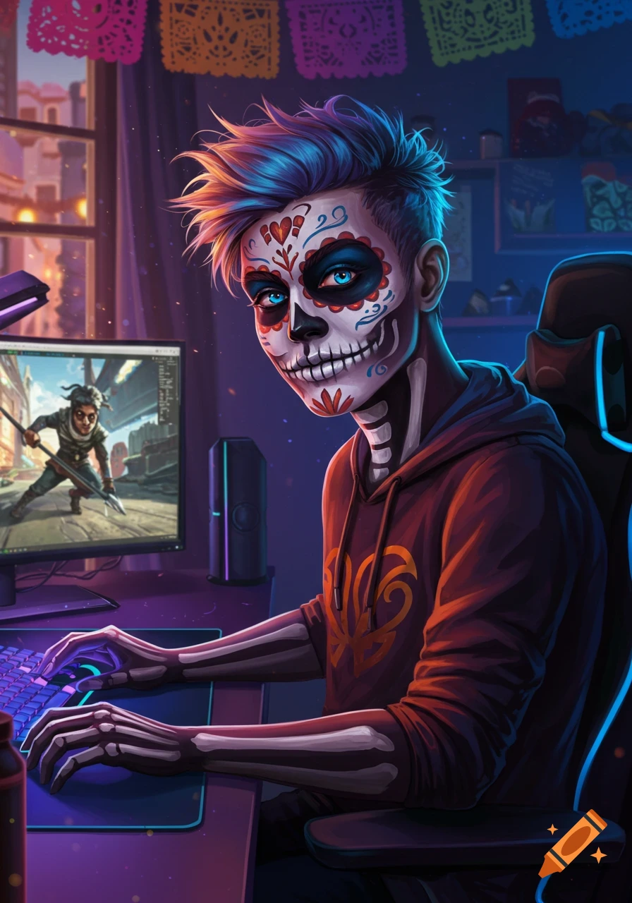An illustration of a person with blue hair and Day of the Dead skeleton makeup on their face and arms, playing video games at a desk.