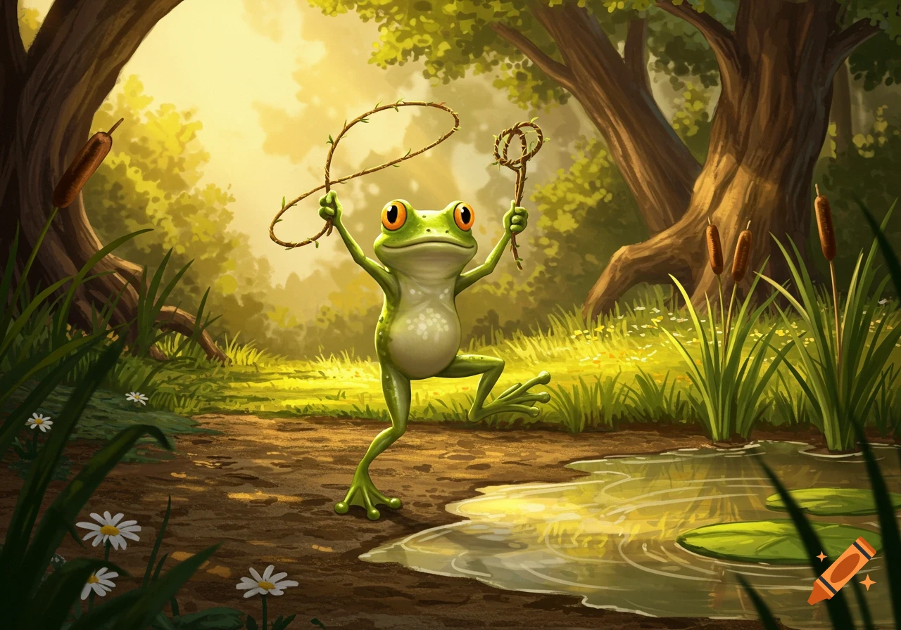 Vibrant illustration of a green frog holding two vine lassos on a sunlit forest path with a puddle and lily pads.