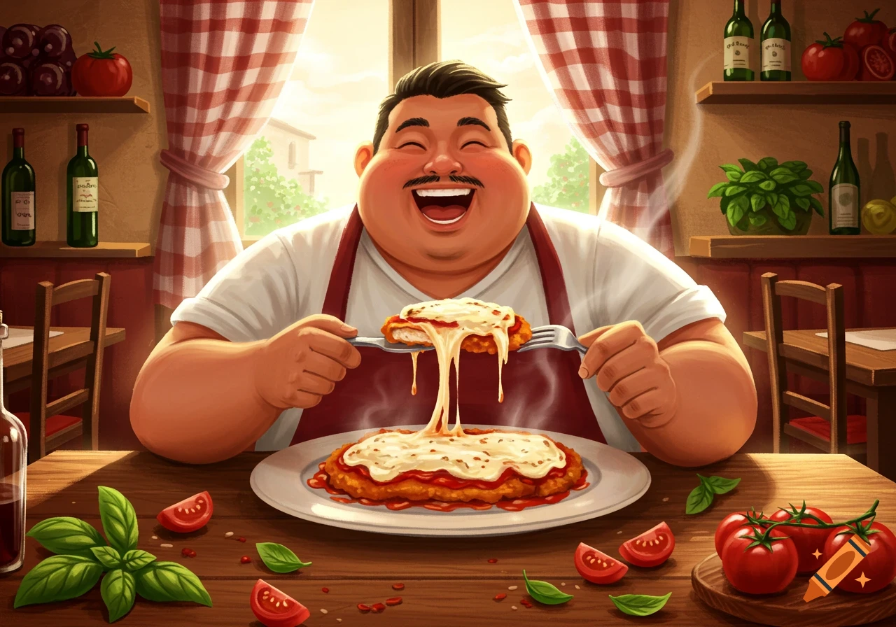 A cheerful, plump man in a red apron laughs while eating cheesy chicken parmesan in an Italian restaurant, illustration.