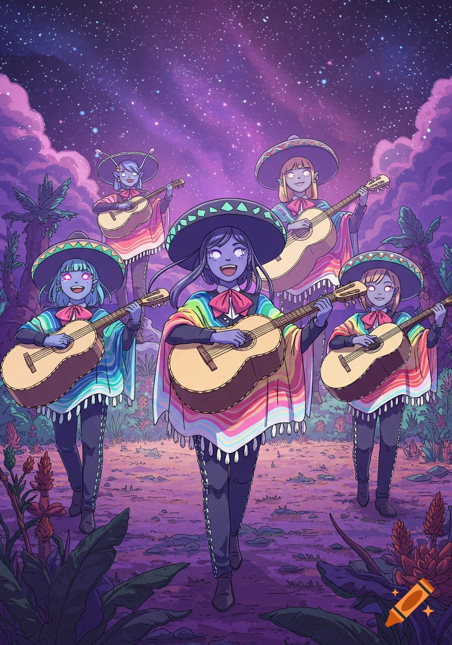 Five smiling alien girls in colorful ponchos and sombreros play guitars in a vibrant, star-filled alien landscape, anime style.