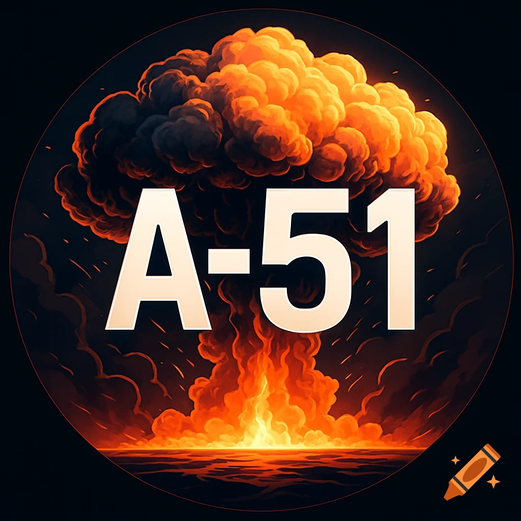 Text 'A-51' over a stylized nuclear mushroom cloud in orange and black, framed in a circle.
