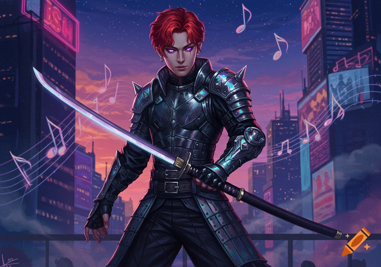A red-haired character with glowing purple eyes, wearing dark armored clothing and holding a glowing katana, stands on a rooftop in a neon-lit futuristic city at dusk, with musical notes floating in the air.