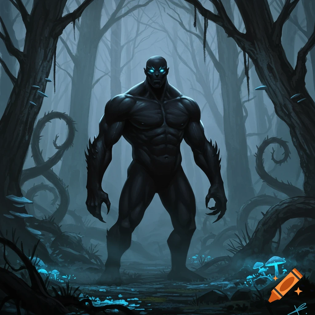 A muscular, dark monster with glowing blue eyes stands in a misty, dark fantasy forest with glowing blue mushrooms.