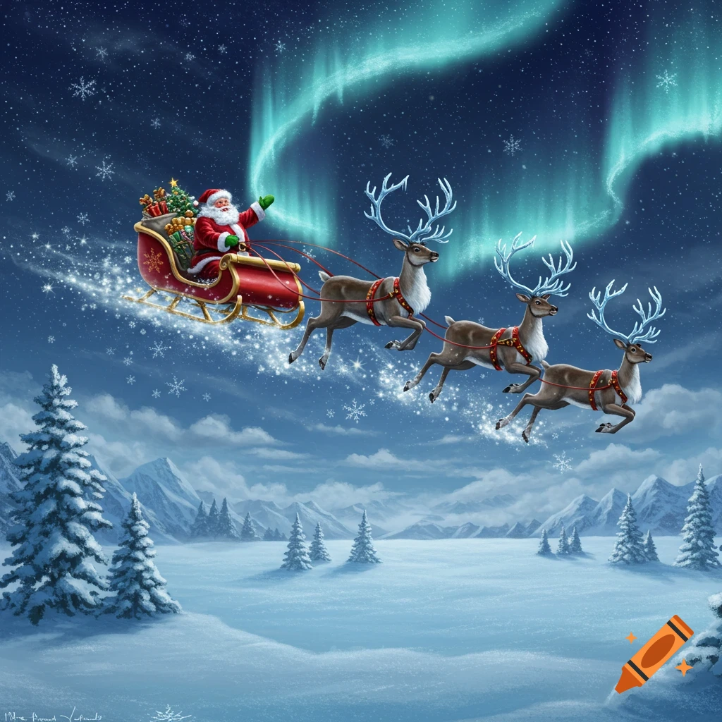 Santa Claus flies in a sleigh pulled by three reindeer across a snowy winter landscape under a night sky with green northern lights.