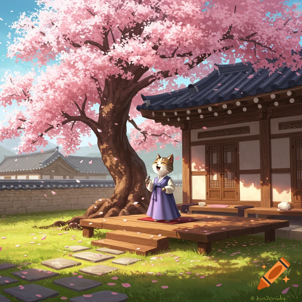 An illustrated cat in traditional Korean attire sings on a porch under a large cherry blossom tree next to a traditional Korean house.