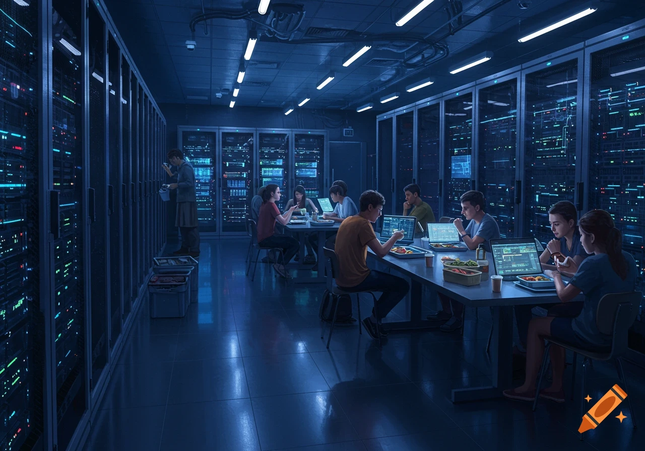 Two men, IT professionals, examine glowing holographic data screens in ...