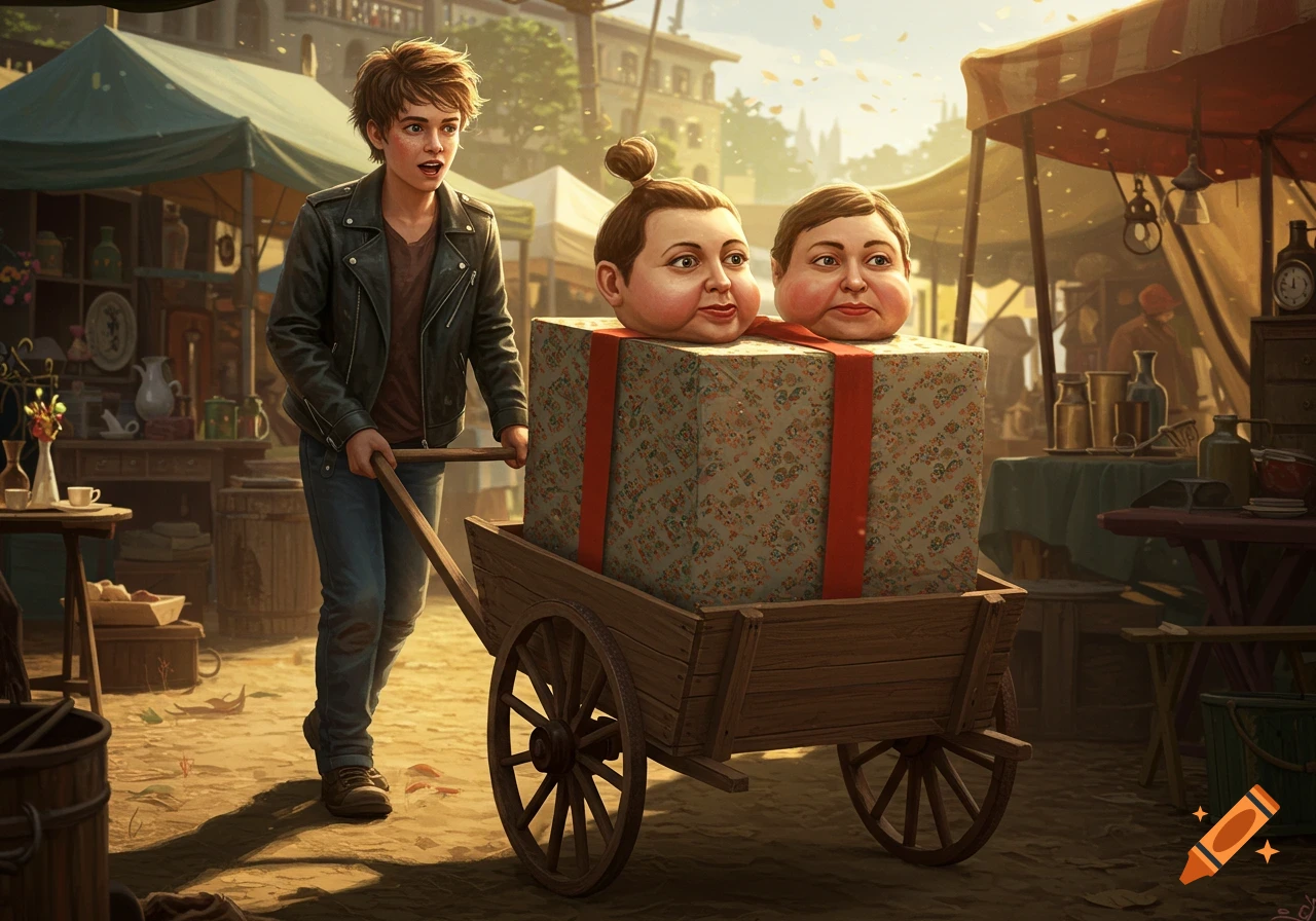 A young man in a leather jacket pulls a wooden cart through a sunny market street, with a large gift box topped by two disembodied heads.