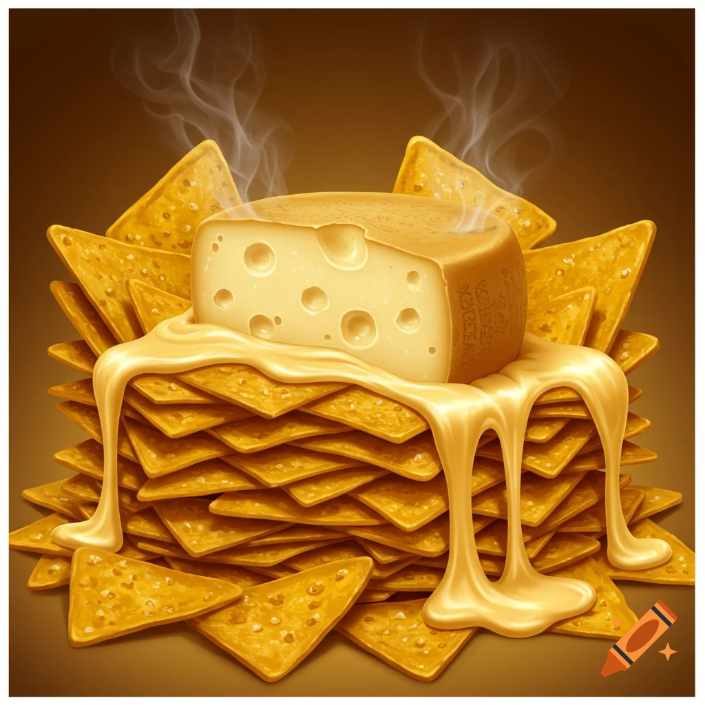 A block of Swiss cheese with melted cheese sauce drizzled over a large pile of golden tortilla chips, with steam rising.