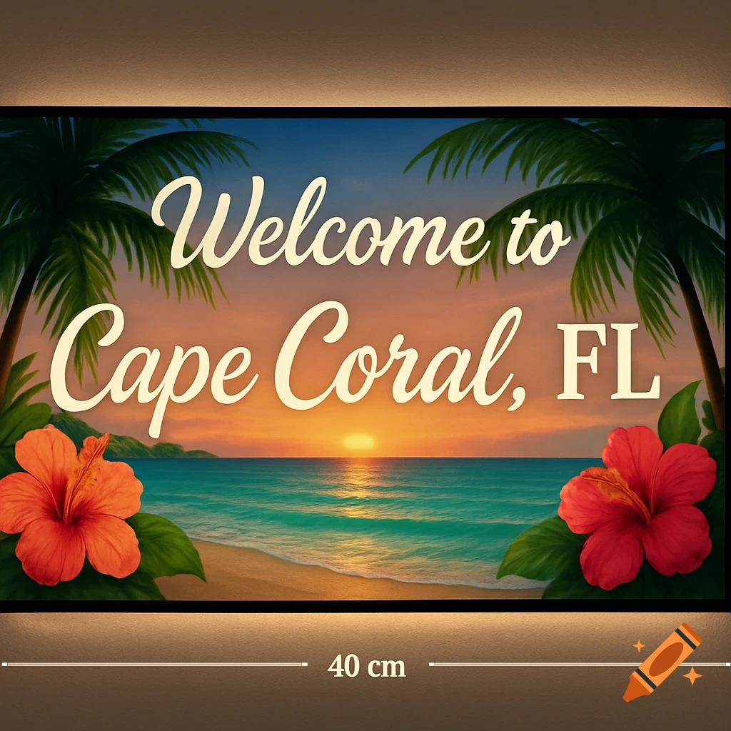 A tropical welcome sign for Cape Coral, FL, featuring a sunset beach with palm trees and hibiscus flowers.