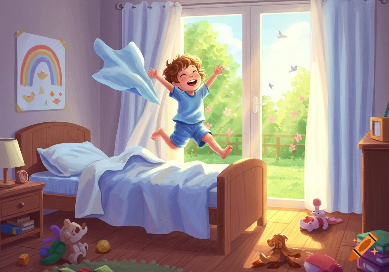 Happy child in blue pajamas jumps on a bed in a sunny bedroom, toys scattered on the floor, garden visible through the window.