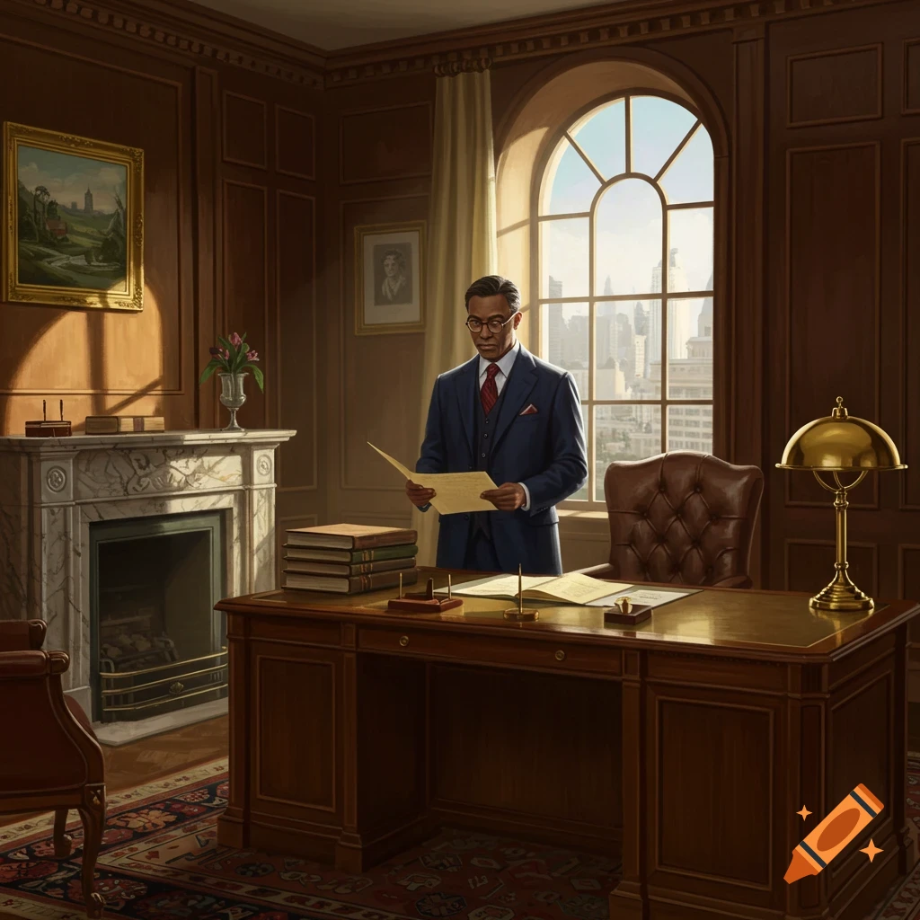 A man in a suit reads a document in a grand, wood-paneled office with a city view from a large arched window.