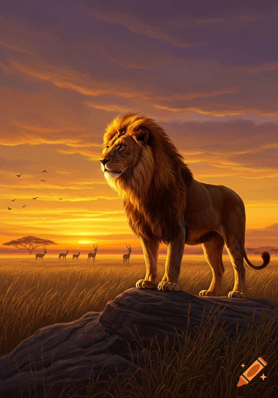 A majestic lion stands on a rock, looking left across a savanna at sunset with acacia trees and gazelles in the distance.