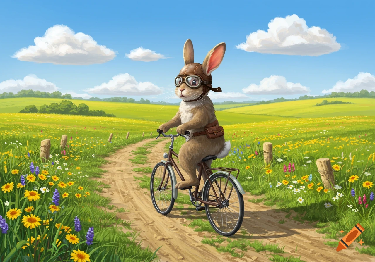 A whimsical brown rabbit in a pilot's helmet and goggles rides a bicycle on a dirt path through a sunny, flowery green field.