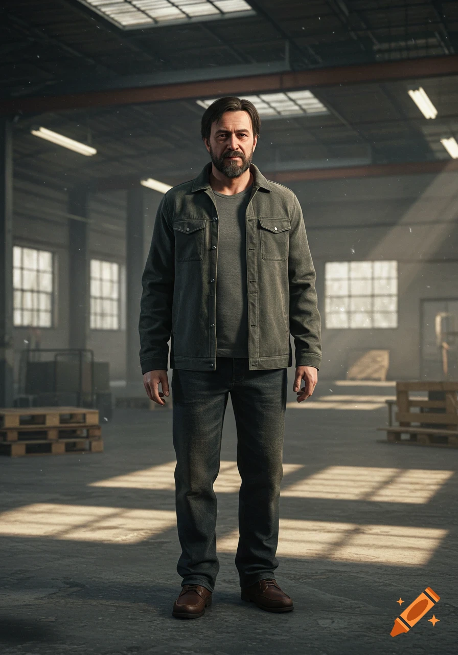 Photorealistic full body portrait of a man with a beard and mustache, standing in a dim warehouse.