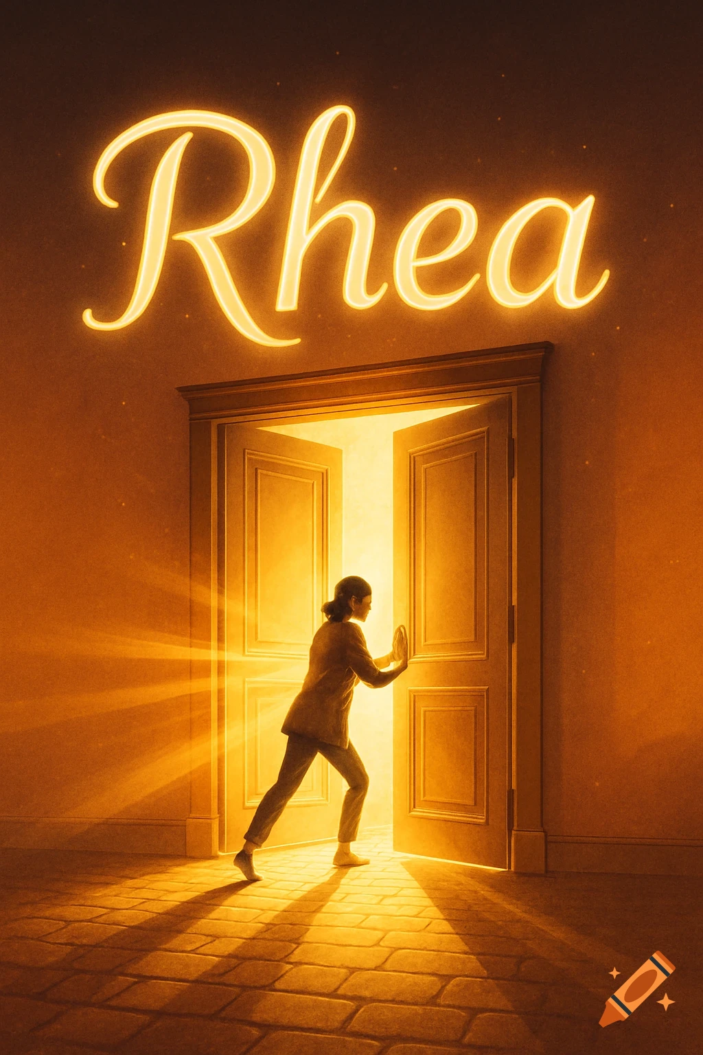A glowing sign reads "Rhea" above a person pushing open a large door from which bright golden light radiates, illuminating a path.