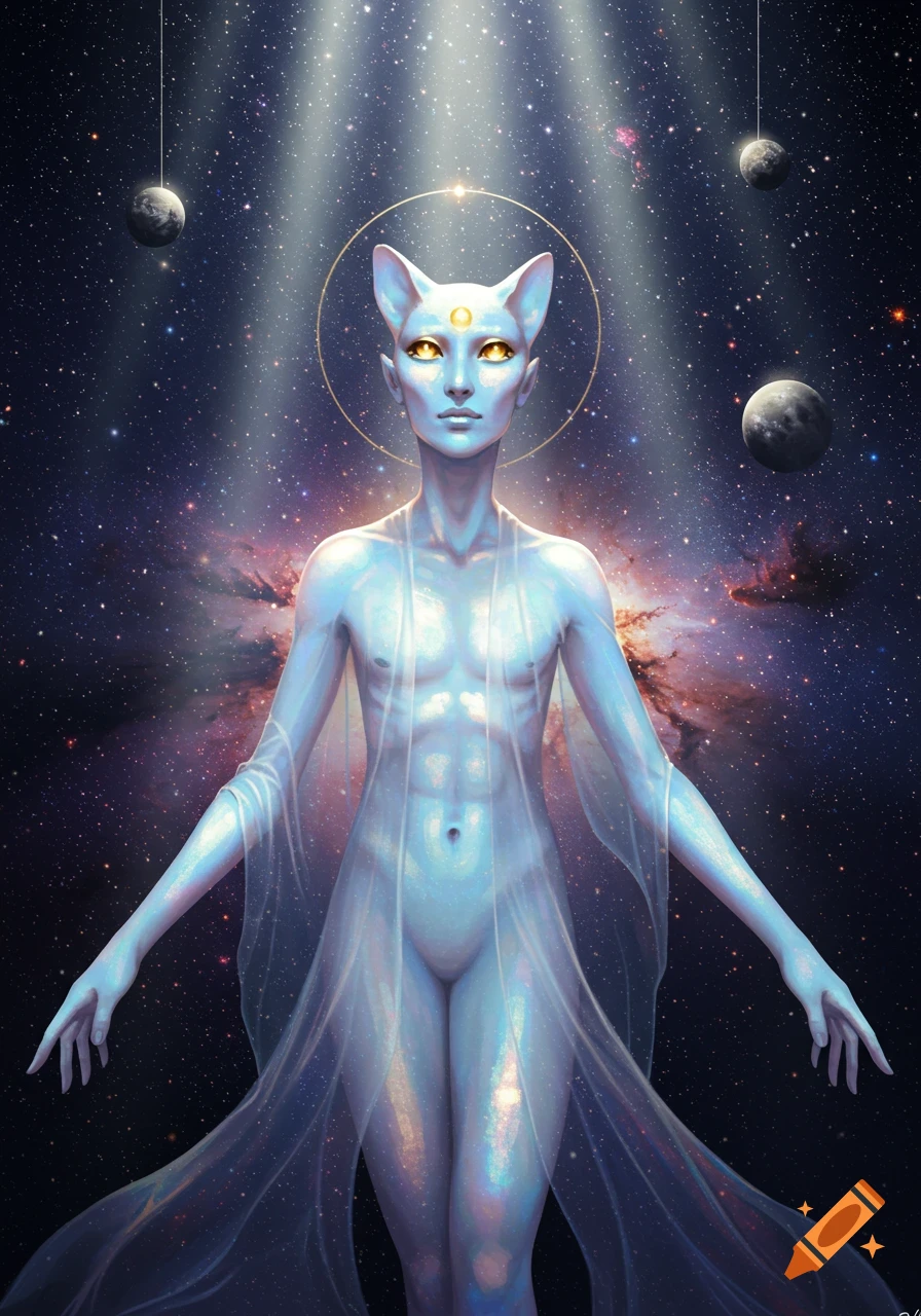 A blue-skinned, humanoid alien with cat ears and glowing yellow eyes stands amidst stars and planets, draped in translucent fabric under celestial light.