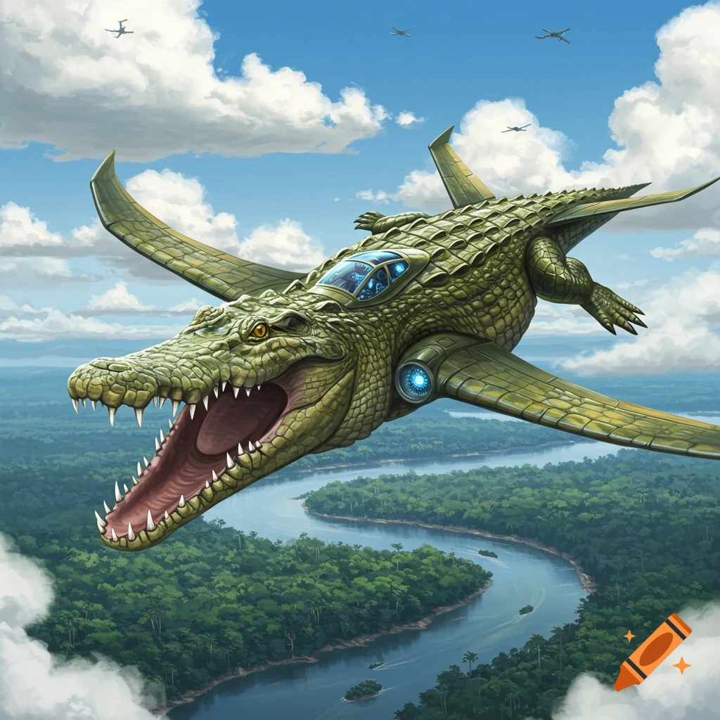 A giant green crocodile plane with sharp teeth flies over a winding river through a dense jungle under a blue sky, digital art.