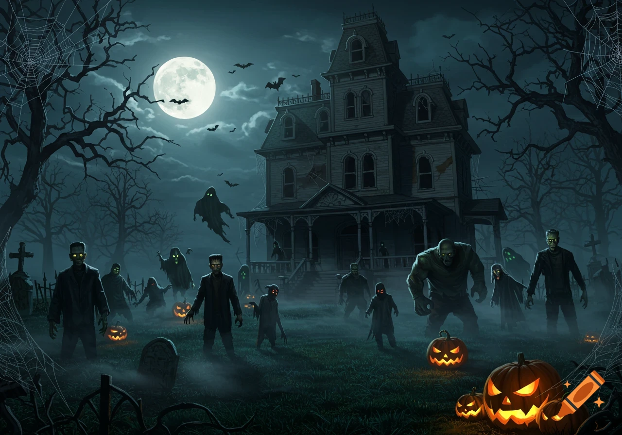 A spooky Halloween night scene with a haunted mansion, full moon, bats, ghosts, zombies, and glowing jack-o'-lanterns.