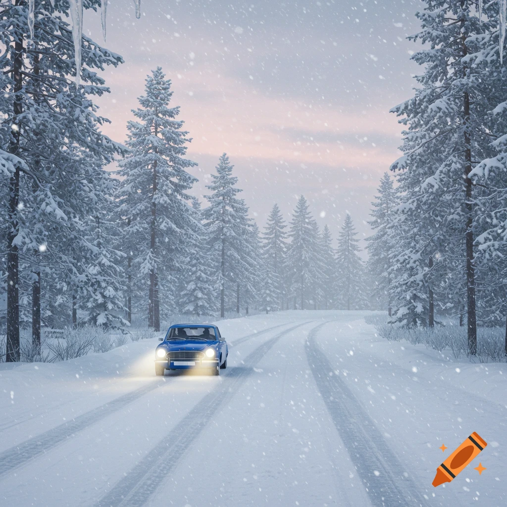 A blue vintage car drives on a snow-covered road through a winter forest as snow falls.