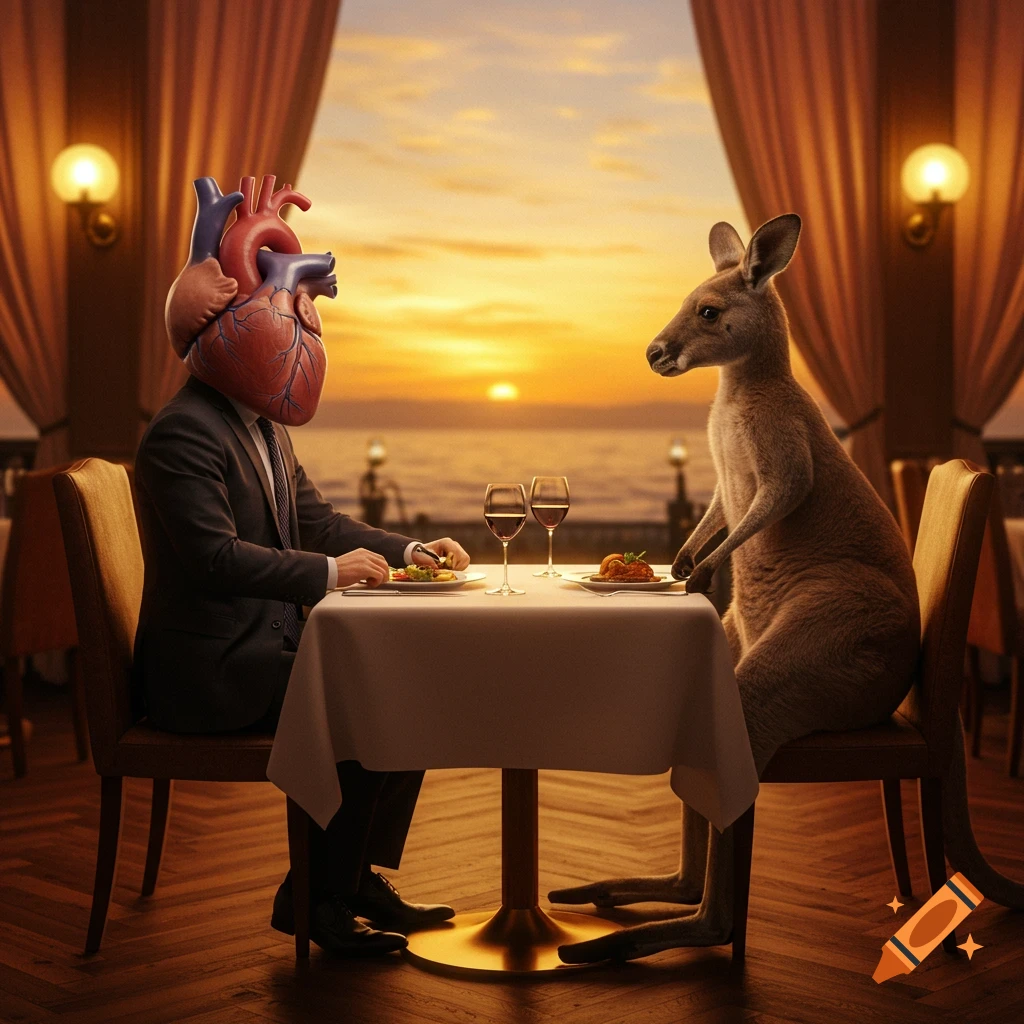 Photorealistic image of a man with a human heart for a head on a date with a kangaroo at a fancy restaurant during sunset.