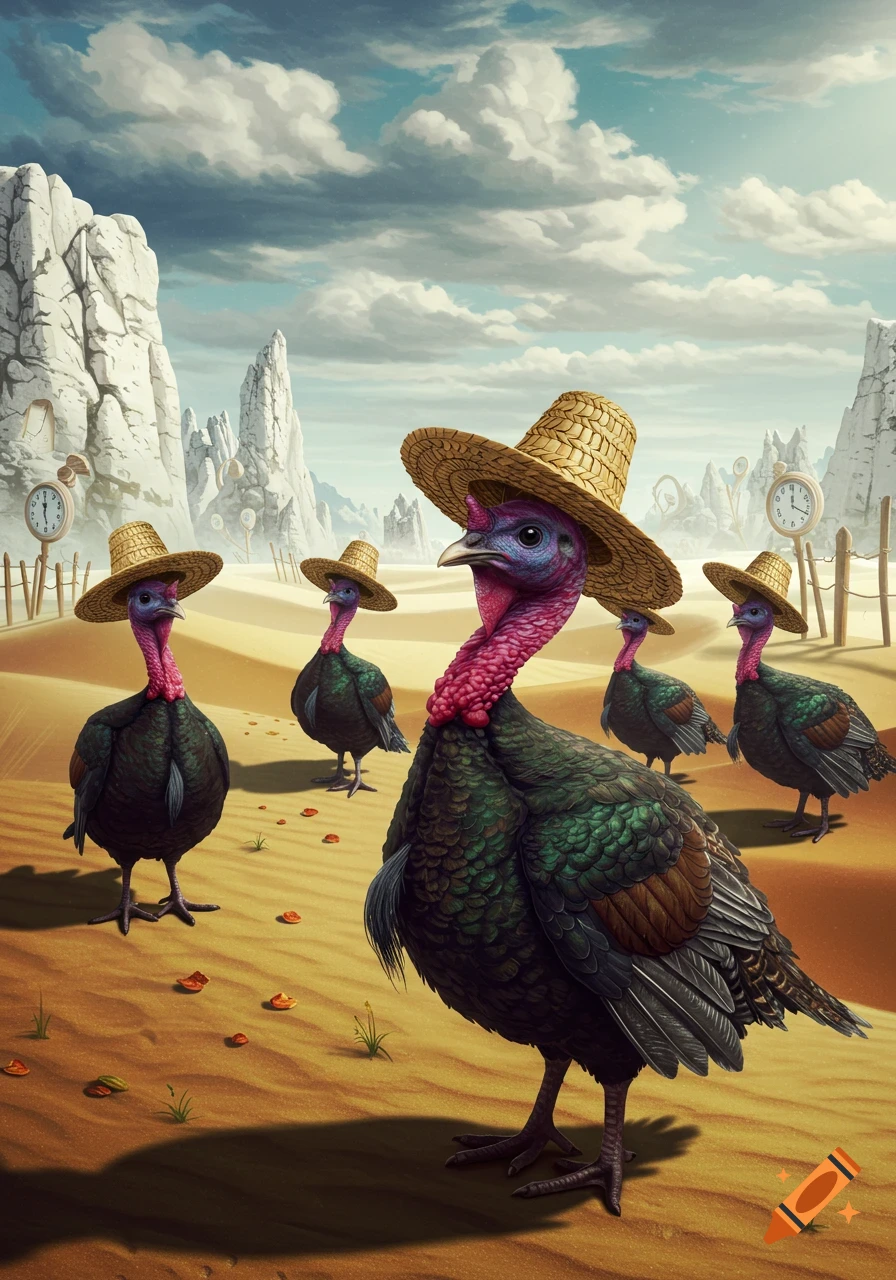 Five colorful turkeys in straw hats stand in a surreal desert landscape with melting clocks on poles under a cloudy sky.