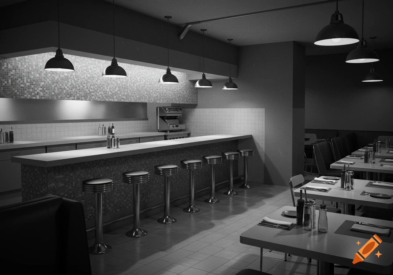 A monochromatic view inside an empty, classic American diner with counter stools and booth seating.