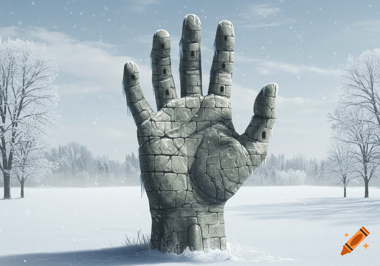 A giant stone hand, textured like a castle with windows and icicles, stands in a snowy winter landscape with bare trees.
